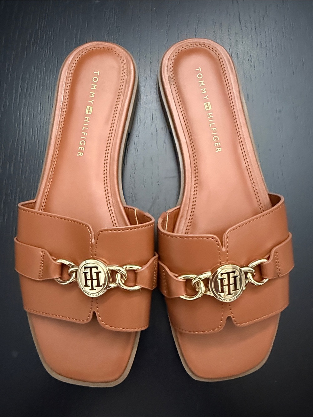 Tommy Hilfiger Tan Leather Slide Sandals with Gold Chain Emblem